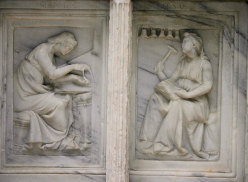 Fontana Maggiore, Perugia: Geometry bent over her drawing board with a rule, and Music raising a hammer toward a row of bells, psaltery on her lap