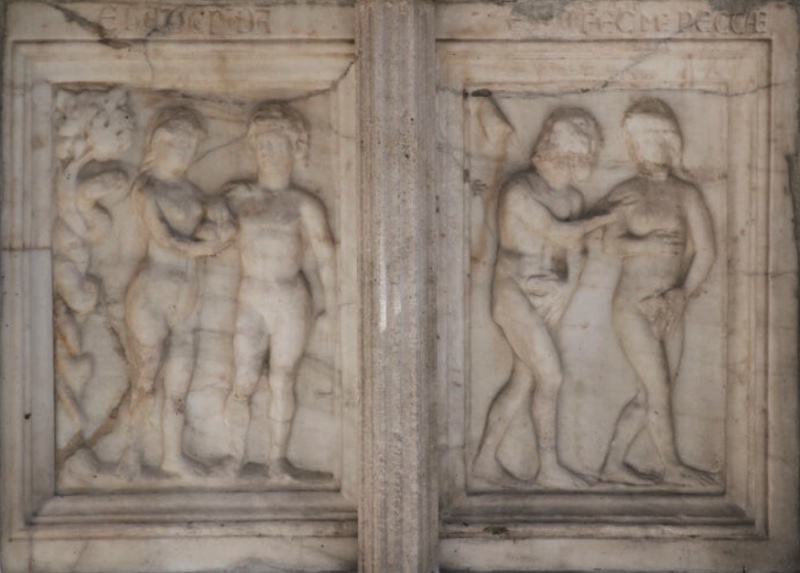 Fontana Maggiore, Perugia: Eve offering the fruit to Adam beneath the serpent's tree, and the couple driven from Eden, 1278