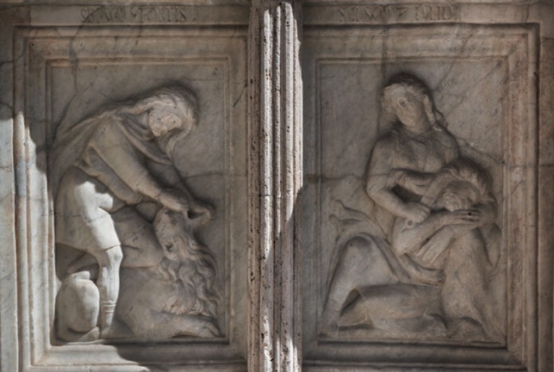 Fontana Maggiore, Perugia: Samson tearing the lion's jaws, and Samson betrayed asleep in Delilah's lap as she cuts his hair