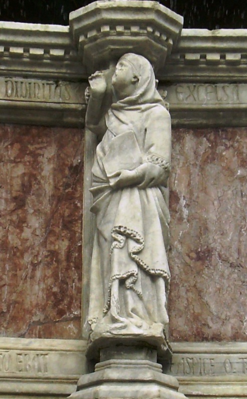 Fontana Maggiore, Perugia: statue of Divinitas Excelsa, a veiled woman gazing upward with a closed book, legends DIVINITAS EXCELSA and the verse fragment ASPICE below, upper basin, 1278