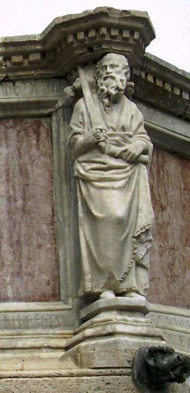 Fontana Maggiore, Perugia: statue of Saint Paul with a monumental sword raised past his shoulder and the rolled epistle in his left hand, upper basin, 1278
