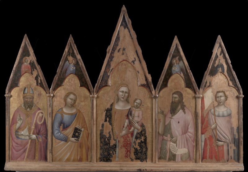 Madonna and Child between a Saint Bishop and Saints John the Evangelist, John the Baptist and Venantius; in the cusps: Christ adored by two angels between Saint Catherine of Alexandria and Saint Anthony the Abbot