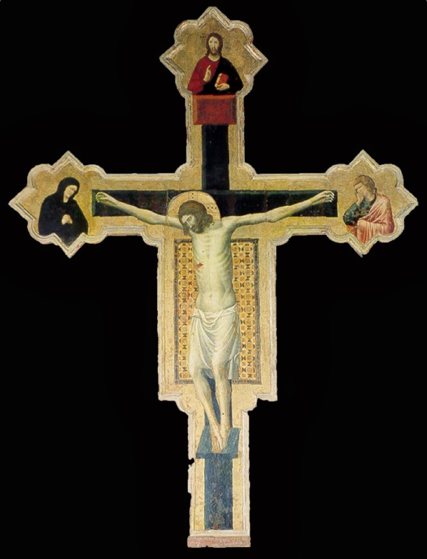 Painted crucifix by Giovanni da Rimini in San Francesco, Mercatello sul Metauro: the dead Christ against a gold patterned cloth of honour, with a dark crossbeam, a blue lower shaft and a blue footrest, and polylobed gold terminals showing the mourning Virgin in a dark mantle, Saint John the Evangelist in a rose mantle, and the blessing Redeemer above a red tablet.