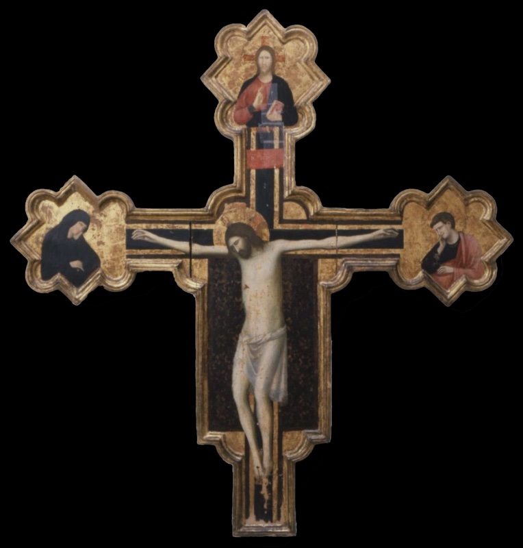 Diotallevi Crucifix by Giovanni da Rimini, Museo della Città, Rimini: the dead Christ with a transparent loincloth on a dark cross with gilded lobed terminals showing the mourning Virgin, Saint John the Evangelist and the blessing Redeemer with the Gospel book