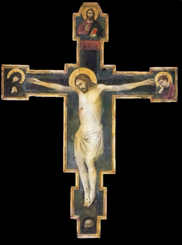 Painted crucifix attributed to Giovanni da Rimini in San Lorenzo, Talamello: the dead Christ on a dark blue cross with rectangular stepped terminals showing the mourning Virgin, Saint John the Evangelist, the blessing Redeemer above, and the skull of Adam at the foot