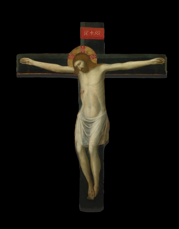 Painted crucifix by Giovanni da Rimini, known as the Goudstikker Crucifix. The panel is cut down to the shape of the cross itself: the dead Christ hangs against a dark green cross edged in gold, his head fallen to the right, eyes closed, with a gold cruciform halo decorated with red panels. A transparent white loincloth reveals the legs beneath. At the top, a red tablet bears the Greek christogram IC XC in white letters. Blood falls in thin trickles from the hands, side and feet. Moretti Gallery, London