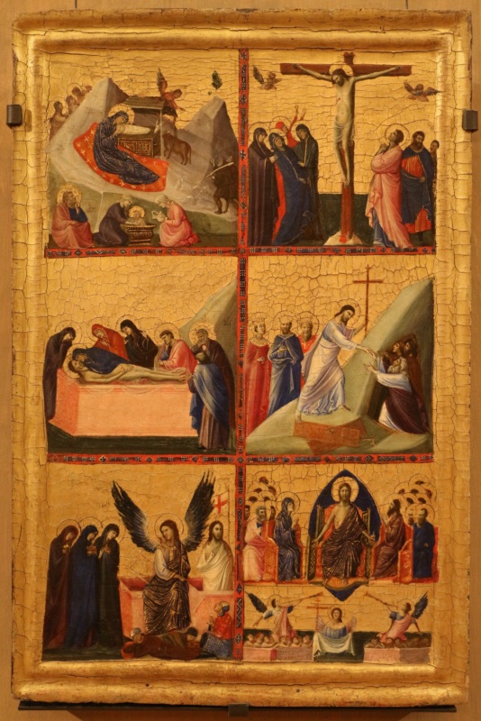 Gilded panel by Giovanni da Rimini divided by red ornamental bands into six scenes from the life of Christ: top row, the Nativity with the bath of the Child and the Crucifixion; middle row, the Lamentation over Christ's body on a pink tomb and the Descent into Limbo, with Christ raising Adam from a dark cave; bottom row, a winged angel on the tomb before the three Holy Women with the Risen Christ behind, and the Last Judgement with Christ enthroned in a blue mandorla above the rising dead. Gallerie Nazionali di Arte Antica, Palazzo Barberini, Rome