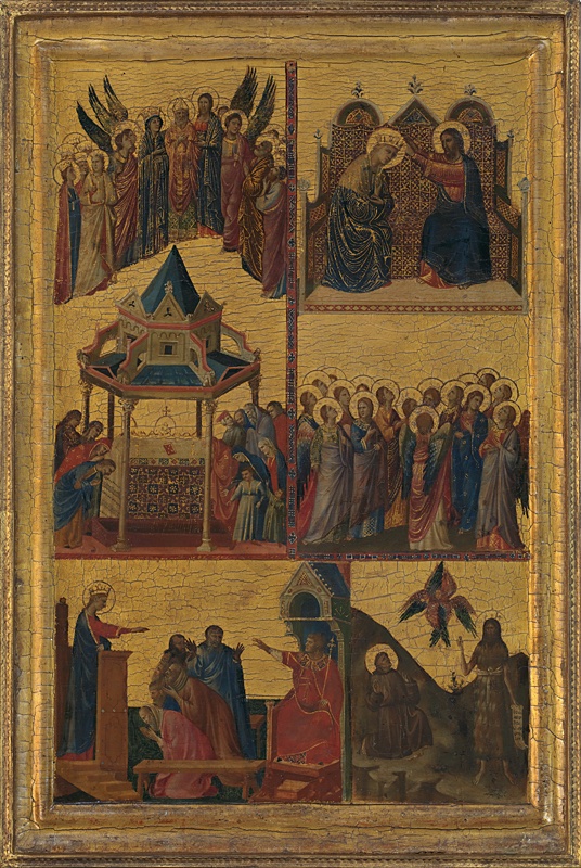 Gilded panel by Giovanni da Rimini with four scenes of unequal size. Upper left: mourners bow at an altar-tomb beneath a hexagonal canopy while, high above, Saint John the Evangelist is received in heaven by Christ, the Virgin, angels and saints. Upper right: Christ crowns the Virgin on a Gothic throne above a crowd of angels looking up. Lower left: Saint Catherine, crowned, preaches from a pulpit to philosophers and the enthroned Emperor Maxentius. Lower right: Saint Francis kneels in a rocky landscape receiving the stigmata from a red seraph, beside Saint John the Baptist. National Gallery, London