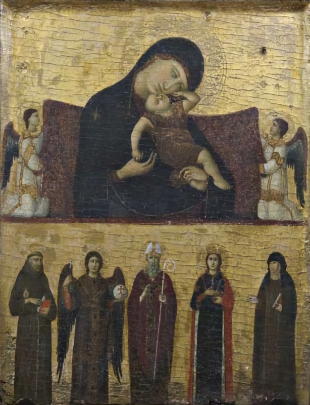 Small gilded panel by Giovanni da Rimini in two registers. Above, the Virgin in a dark blue mantle bends her head to press her cheek against the Child, who twists toward her with his back to the viewer; two angels in white with dark wings hold a purple cloth behind them. Below, five saints stand in a row against the gold: Francis in a brown habit, the Archangel Michael with wings and a globe, a bishop saint with mitre and crozier, the crowned Catherine in red, and Clare in a black veil. Pinacoteca Comunale, Faenza.