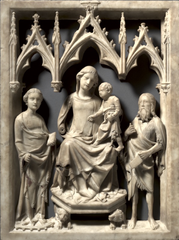 Openwork marble relief attributed to Giovanni di Agostino: the Madonna and Child enthroned beneath pierced Gothic canopies, between Saint Catherine holding a book and Saint John the Baptist with his scroll, c. 1340–50, Cleveland Museum of Art