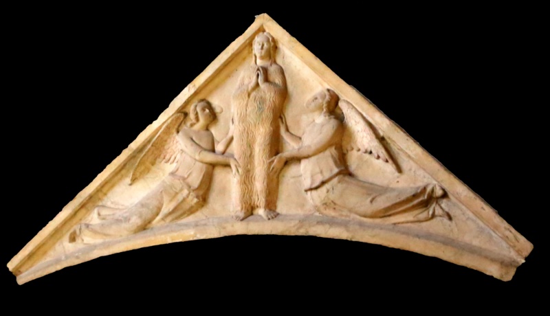 Triangular marble gable relief attributed to Giovanni di Agostino: Mary Magdalene, clothed only in her long hair, hands joined in prayer, raised toward heaven by two flying angels; c. 1333–34, Basilica di San Francesco, Siena