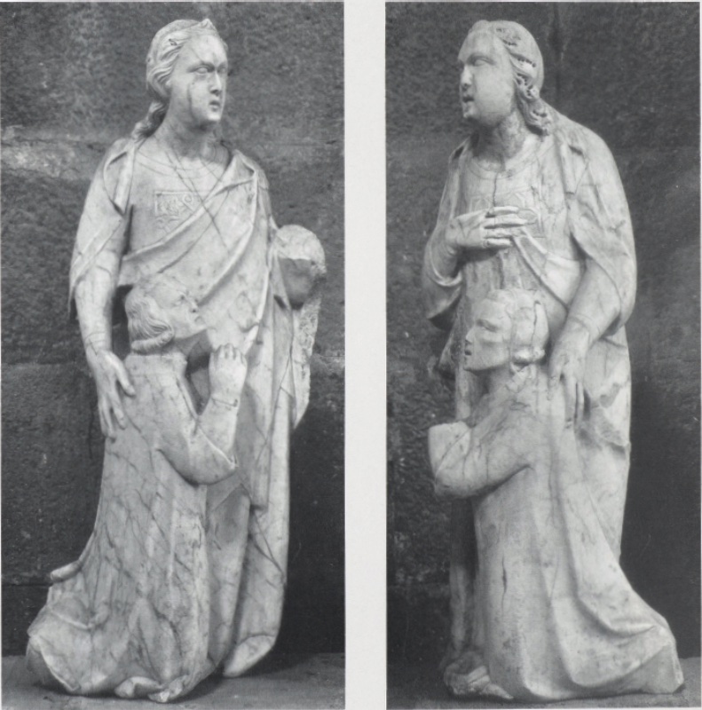 Two views of a weathered marble group attributed to Giovanni di Agostino, c. 1331, from a dismembered saint's shrine in Volterra: a youthful figure with a rolled bob of hair kneels in prayer between two standing angels, one with loose waves laying a large hand on his back, the other with drilled coiled curls, hand on breast and lips parted in speech; Museo Diocesano d'Arte Sacra, Volterra.