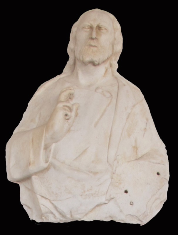 Marble figure of Christ blessing, attributed to Giovanni di Agostino: a pale stone half-length with long hair, a beard, draped robes and the right hand raised before the chest, on a black ground