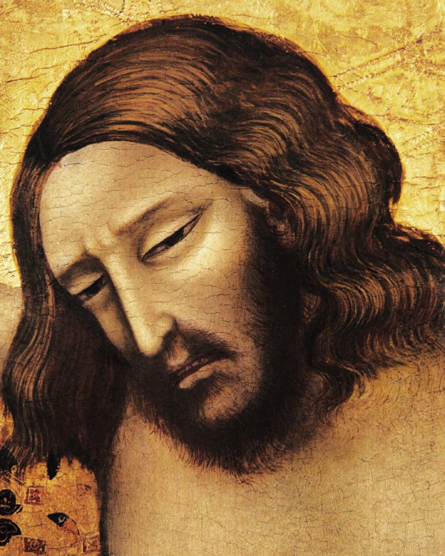 Head of the crucified Christ, fragment of a painted cross attributed to Giuliano da Rimini, c. 1320, tempera and gold on panel, Fondazione Cassa di Risparmio di Rimini: the dead Christ's head fallen toward his right shoulder, eyes closed, long dark hair spreading over the shoulders, against a gold ground with traces of the punched halo and ornamented borders