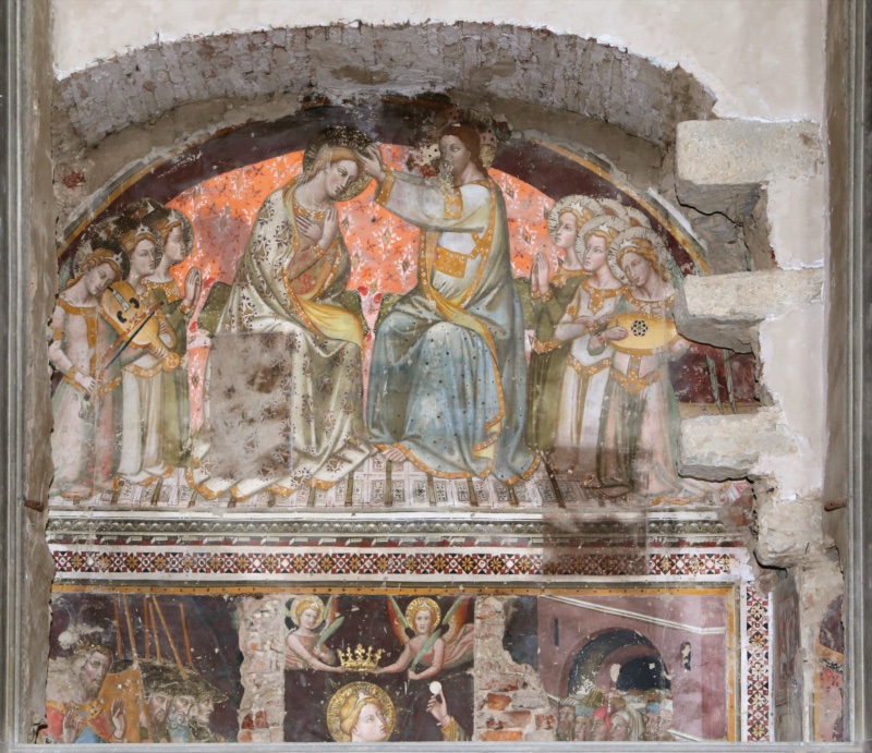 Coronation of the Virgin with Music-Making Angels; below, Scenes of the Martyrdom of a Female Saint (Victoria?)