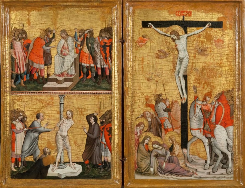 Devotional diptych with Christ mocked, Flagellation and Crucifixion