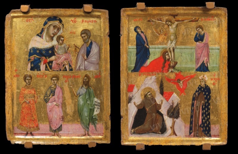 Left panel of the Sterbini Diptych: on a gold ground, the half-length Virgin in a dark blue star-studded mantle holds the Christ Child, who reaches for a small bird offered by the grey-bearded Saint Joseph; below, three standing saints — Lawrence in a red patterned dalmatic, Philip in a pink mantle, and John the Baptist in a green mantle holding a scroll; Right panel of the Sterbini Diptych: above, Christ crucified against a gold sky with a flying angel, the Virgin in blue on the left, Saint John the Evangelist in a pink mantle on the right, and Mary Magdalene in red kneeling at the foot of the cross before a green wall; below, Saint Francis kneels in a rocky landscape receiving the stigmata from a red six-winged seraph, beside Saint Louis of Toulouse in a mitre and a blue cope sown with gold fleurs-de-lis.