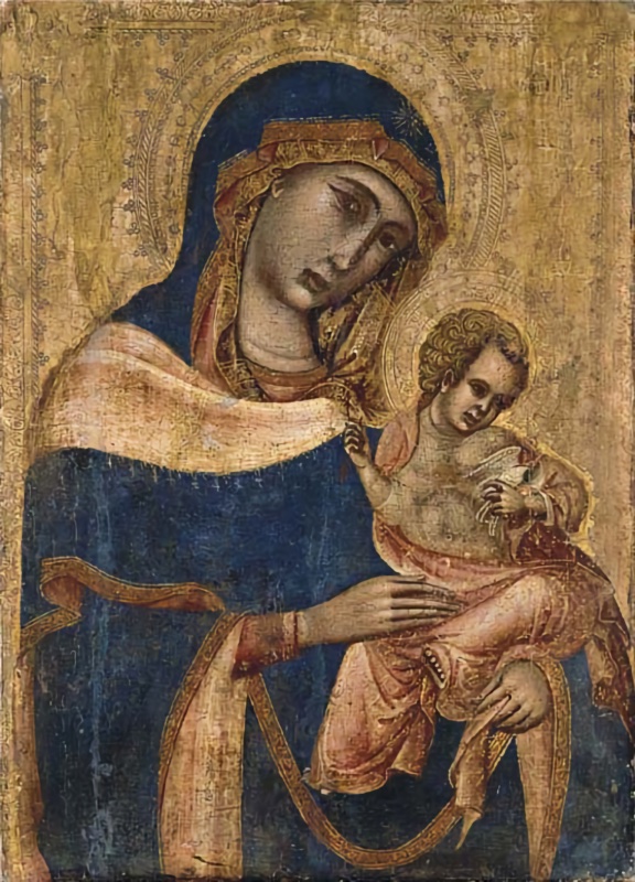 Half-length Virgin on a gold ground, wearing a dark blue mantle with gold borders over a red-brown veil, and a broad white turned-back lining across her shoulders; she inclines her head towards the curly-haired Christ Child seated on her left arm, who wears a rose mantle shot with gold, grasps the edge of her veil with one hand and holds a small white bird against his chest with the other