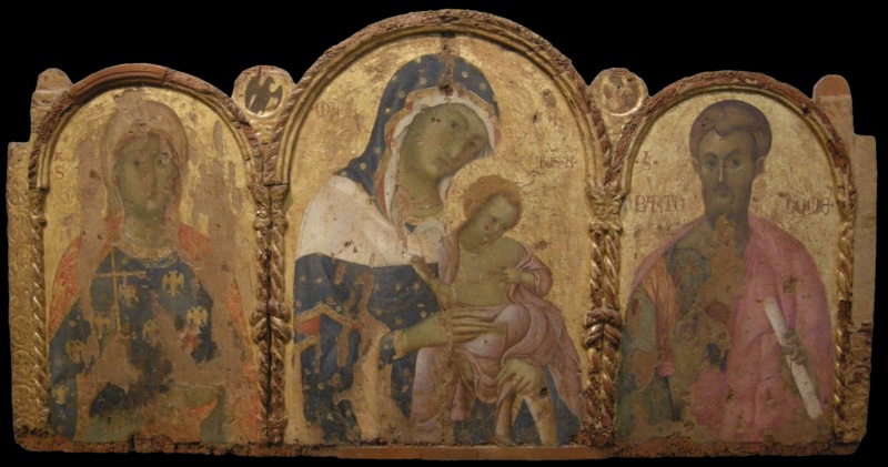 Damaged fourteenth-century triptych with three round-arched gold-ground panels framed by twisted gilt colonnettes: at the centre the half-length Virgin in a star-strewn blue mantle with a white turned-back lining holds the Christ Child; on the left Saint Agatha in a blue robe patterned with double-headed eagles holds a cross; on the right the bearded Saint Bartholomew in a pink mantle holds a scroll; two small roundels between the arches, one bearing a black eagle