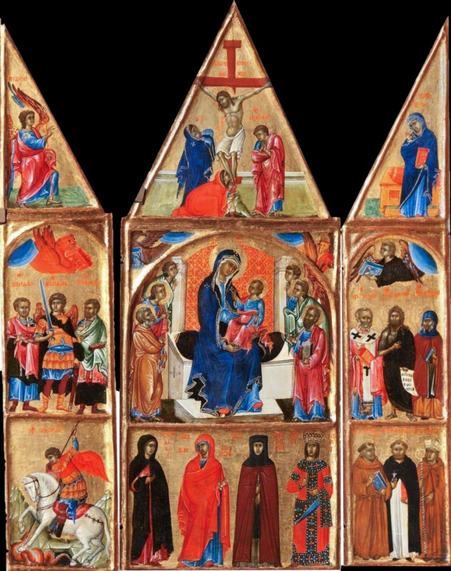 Small gabled triptych on gold ground: the central panel shows the Crucifixion in the gable, the Virgin and Child enthroned among angels with Saints Peter and Paul, and four standing saints below; the left wing shows the Angel Gabriel, the lion of Saint Mark, Saint Michael between two saints, and Saint George slaying the dragon; the right wing shows the Virgin Annunciate, an evangelist symbol, Saint John the Baptist between two saints, and Saints Francis, Dominic and Louis of Toulouse