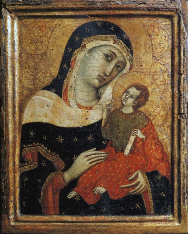 Half-length Virgin on a gold ground richly incised with foliate ornament, wearing a dark blue-black mantle strewn with gold stars, a red-edged veil framing her pale face, and a broad white turned-back lining across her shoulders; she inclines her head towards the auburn-haired Christ Child on her left arm, who wears an olive-green tunic and a red mantle sprinkled with gold, looks up at her, raises one hand to her veil and holds a rolled scroll in the other; the panel has a raised gilt frame, fine craquelure and scattered wormholes