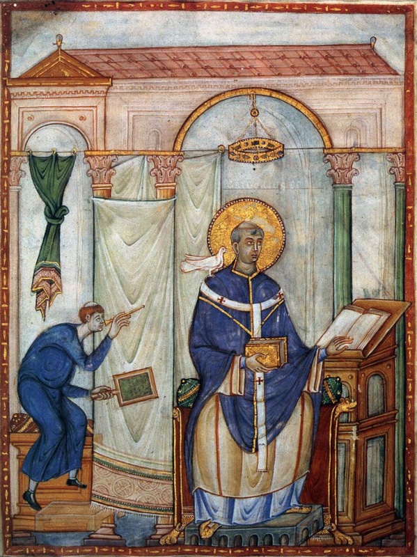 Ottonian manuscript miniature of Pope Gregory the Great, haloed and wearing a blue chasuble and white pallium with red crosses, seated frontally on a cushioned throne before an arched niche, from which a jewelled votive crown hangs above his head. A white dove perches at his shoulder by his ear. He holds a gold-bound book and touches an open book on a tall wooden lectern at right. At left, behind a large white curtain hung between columns, a tonsured notary in blue leans forward, piercing the curtain with his stylus and holding a wax tablet. A red-tiled roof and columns with foliate capitals close the scene within a red and gold border