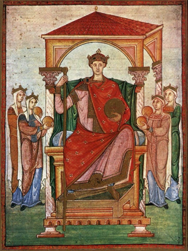 Ottonian manuscript miniature of a young, beardless emperor enthroned frontally beneath a canopy with a red tiled roof and arches on marbled columns. He holds a long sceptre and a golden orb marked with a cross, and wears a pink tunic under a red mantle sprinkled with gold. Two crowned and veiled women stand on each side offering golden spheres, against a pale sky and green ground within a narrow red and gold border