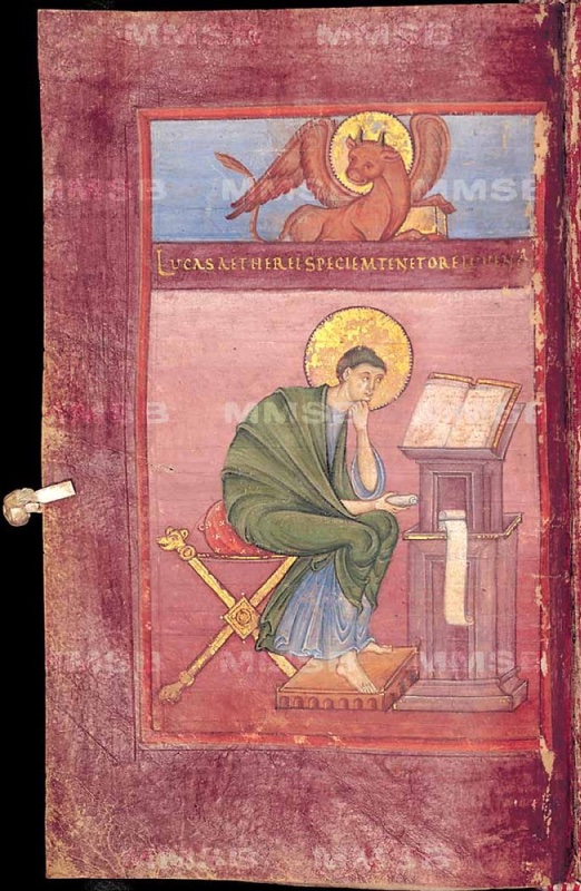 Ottonian manuscript page on purple-stained parchment. In an upper register on a blue ground, a haloed, winged, horned ox in reddish brown reclines over a book. Below it, a purple band carries one line of gold capitals beginning LUCAS AETHEREI SPECIEM. In the main field, on a rose ground, the haloed evangelist Luke, young and beardless, sits on a gold folding stool with animal-head terminals and a red cushion, wrapped in a green mantle over a blue tunic. He rests his chin on one hand and holds a small scroll in the other, gazing at an open book on a tall mauve pedestal lectern from which a scroll hangs. His bare feet rest on a gold footstool. A small parchment tab projects from the left edge