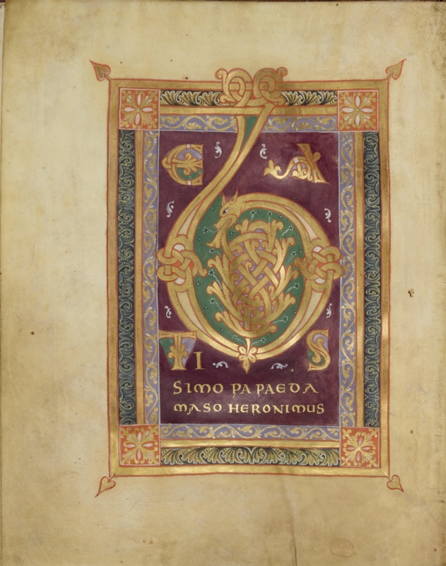 Ottonian manuscript page on pale parchment with a rectangular decorated panel. A gold initial B dominates a deep purple field: its tall shaft curls up into a knotted loop that breaks through the top of the frame, and its large round bowl, joined to the shaft by gold interlace knots, holds a green ground filled with a gold beast whose head with pointed ears and open jaws emerges from a dense knot of interlace ending in leaves. Smaller gold and coloured letters E and A stand above the bowl and T, I and S beside its base; below, gold capitals read SIMO PAPAE DA / MASO HERONIMUS. Small white and gold sprays are scattered over the purple. The panel is framed by gold bands, a lilac border with gold vine scrolls, a dark green border with gold foliage, orange corner squares with gold rosettes, and leaf-shaped finials at the outer corners