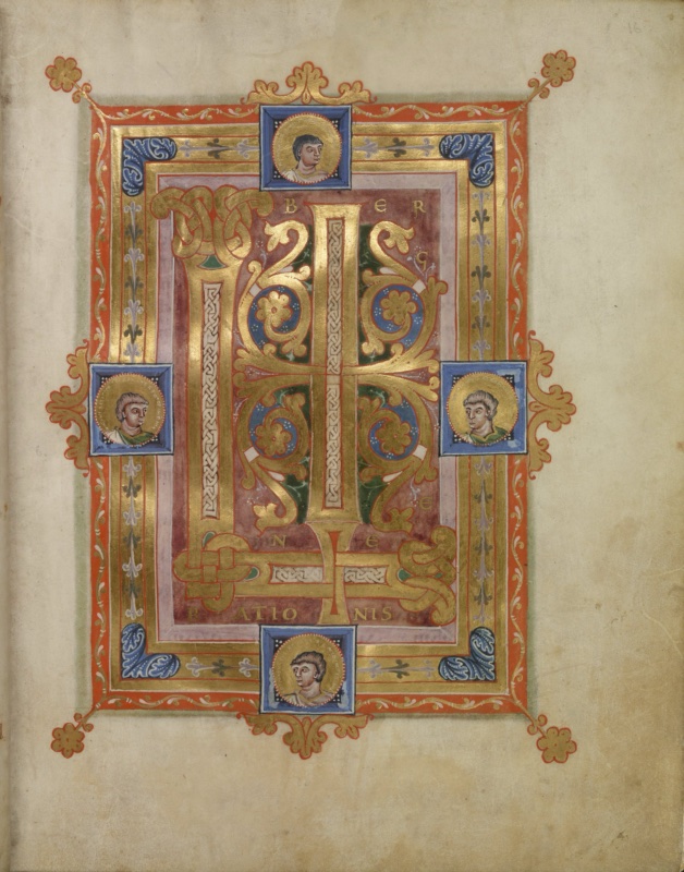 Ottonian manuscript incipit page. On a mauve panel, a gold monogram combines the letters L and I: the L runs down the left side and along the bottom, the I rises in the centre, both filled with white interlace, ending in gold knots. Symmetrical gold scrolls spring from the I, forming four roundels with rosettes on blue grounds over green. Small gold letters spell BER, GENE, and at the bottom RATIONIS. The panel is enclosed by gold, pink, lilac and orange borders with stylised plant stems, blue corner squares with foliage, and gold foliate crests. Four blue squares at the midpoints of the frame hold gold medallions with busts of a young beardless man, each surrounded by a tiny inscription. Gold rosette finials project from the outer corners