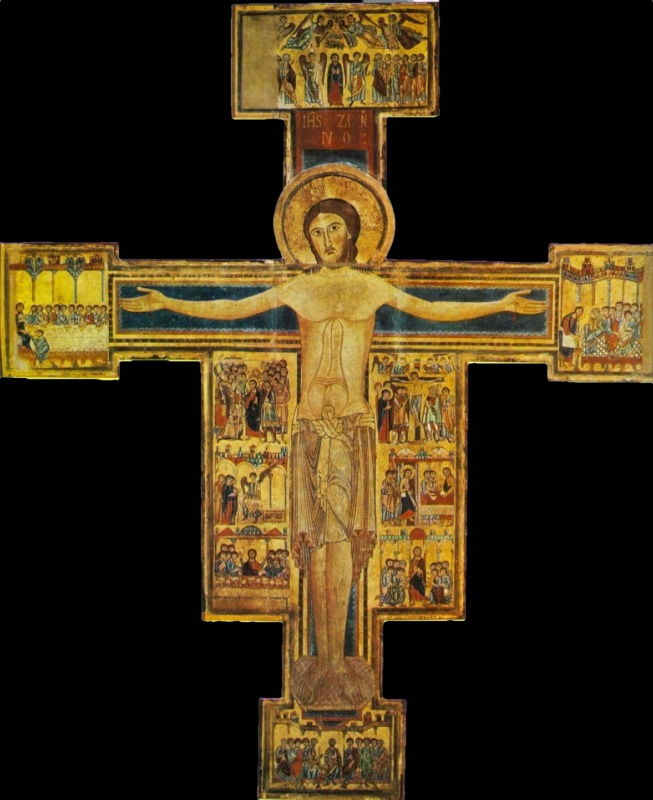 Twelfth-century Pisan painted cross on a gold ground. A living, frontal Christ with open eyes, a relief halo and a long knotted loincloth stands with horizontal arms against a dark blue cross. The crossbar terminals show the Last Supper and the Washing of the Feet. Six Passion and post-Resurrection scenes, including the Mocking, the Crucifixion, the Holy Women at the Tomb and the Supper at Emmaus, flank his body. The damaged cimasa shows an Ascension and the foot shows Pentecost