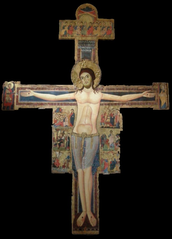 Romanesque painted cross showing a living Christ with open eyes and a gold nimbus, arms stretched horizontally, wearing a long translucent blue-grey loincloth. Six small Passion and post-Resurrection scenes flank his torso, a Pentecost fills the top panel, and a standing prophet appears at each end of the crossbar. Two superimposed Latin inscriptions are visible above his head.