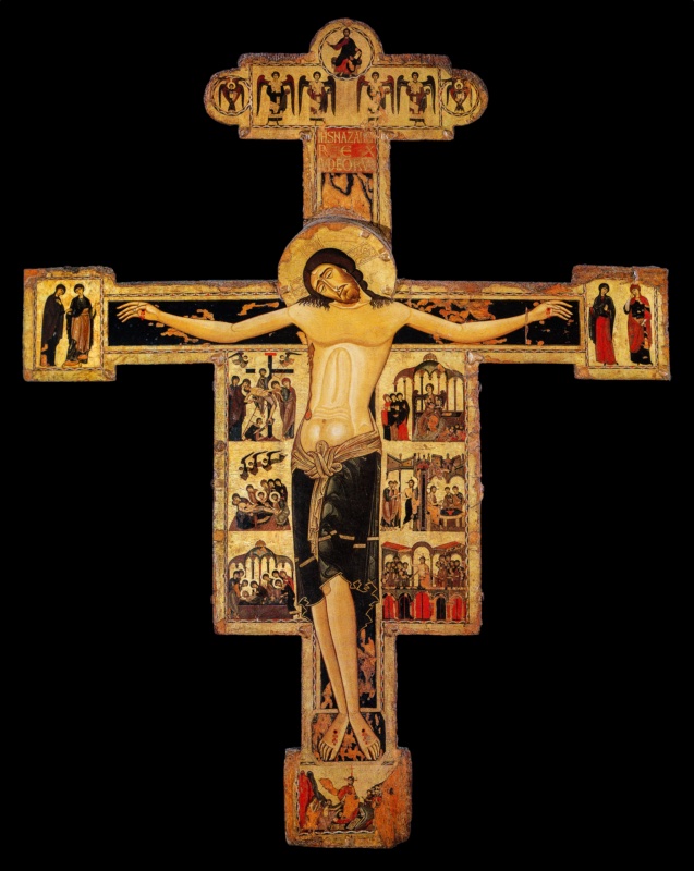Large medieval painted cross on a gold ground. At the centre, the dead Christ hangs with his eyes closed and his head resting on his right shoulder. He wears a long dark loincloth, and blood flows from his hands, feet and side. Two mourners stand at each end of the crossbar. Small narrative scenes fill the panels beside his body. Christ enthroned among angels crowns the top, and the Descent into Limbo fills the base.