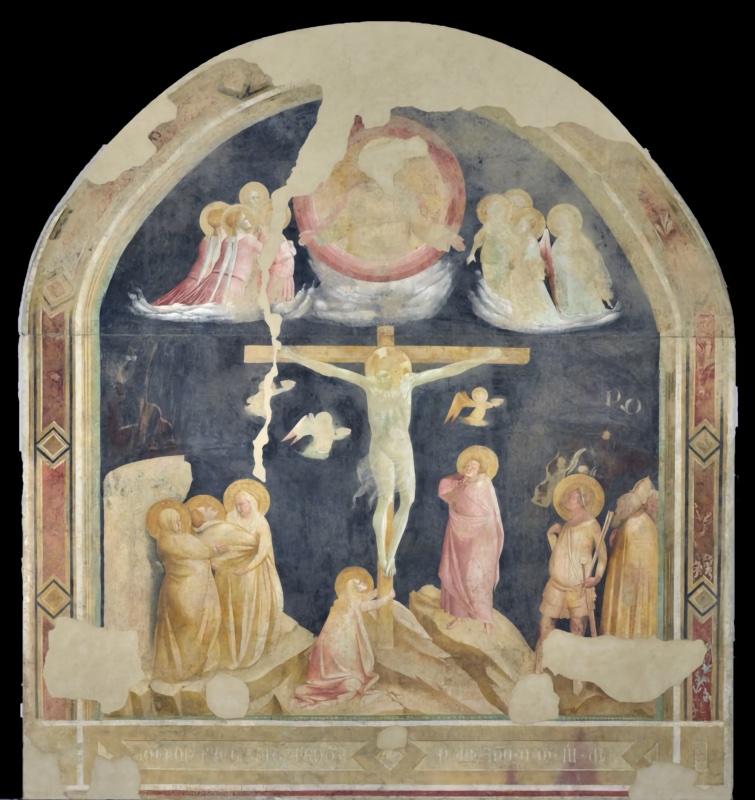Detached fresco of the Crucifixion under a round arch: Christ on the cross against a dark blue sky, God the Father in a red circular glory above, the fainting Virgin supported by holy women at left, the Magdalene embracing the cross, Saint John and Longinus at right, a Gothic inscription below.