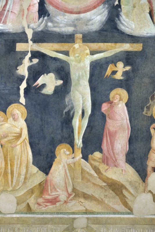 Detached fresco of the Crucifixion under a round arch: Christ on the cross against a dark blue sky: detail of the whole fresco