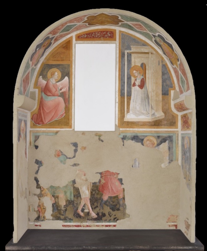 Detached round-arched painted niche: an Annunciation with the kneeling angel at left and the Virgin in a slender pavilion at right, separated by a blank window; badly damaged Flagellation fragments below; bishop and monk saints on the side walls; quatrefoils with saints in the arch.