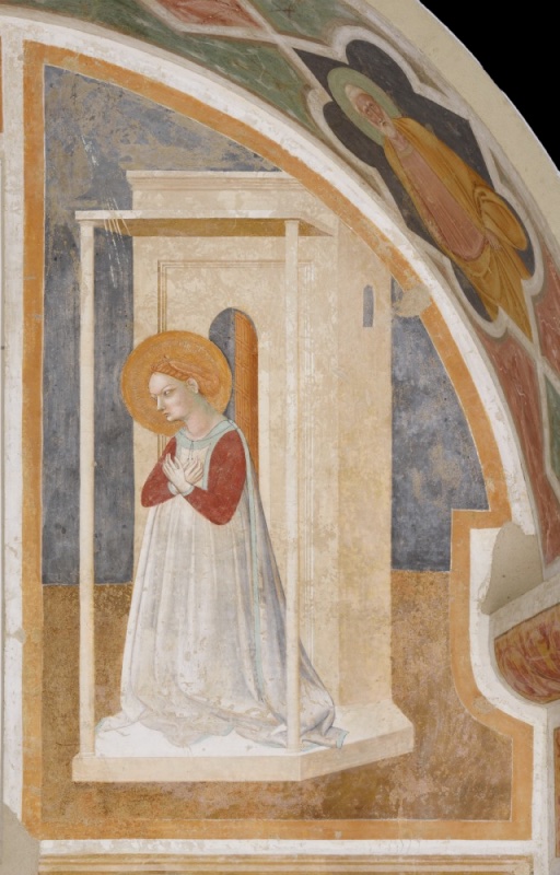 Fresco of the Virgin kneeling in profile to the left with arms crossed on her breast and head bowed, in a pale mantle over a red dress, enclosed in a slender white pavilion on a polygonal platform, with a doorway behind and a saint in a quatrefoil above