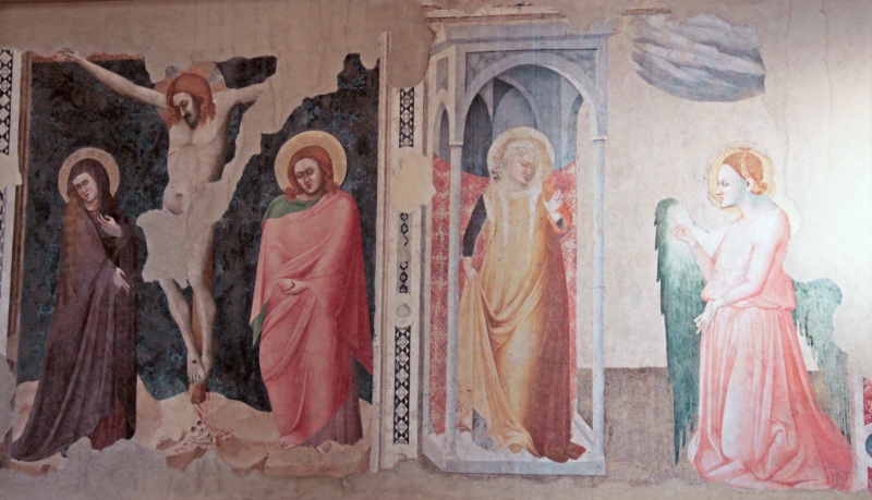 Wide view of a damaged fresco wall: at left a Crucifixion with the mourning Virgin and Saint John against a dark mottled ground; at right, after a patterned border, an Annunciation with the standing Virgin in a Gothic loggia and a kneeling pink-robed angel with green wings