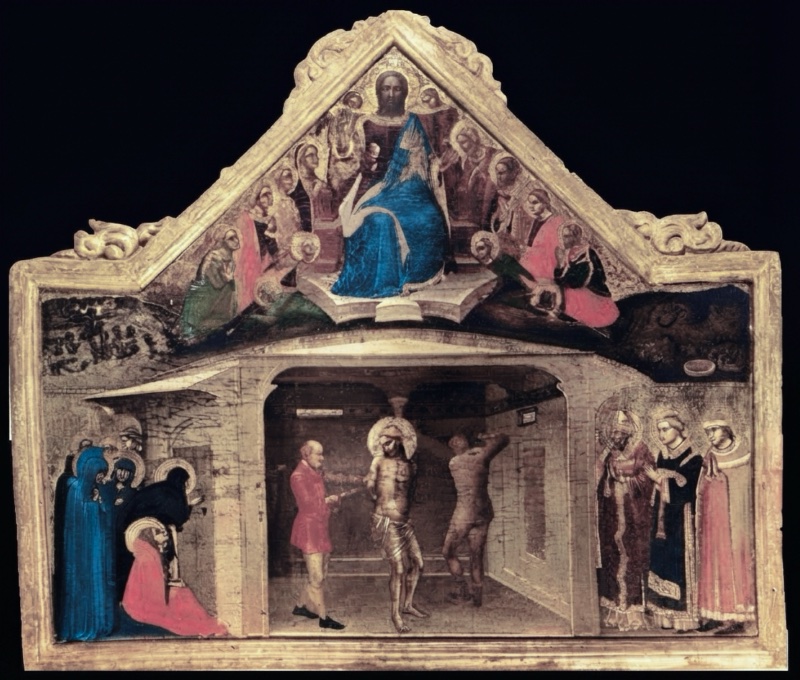 Gabled gilded panel painting: in the triangular top, Christ enthroned in a blue mantle surrounded by haloed apostles; below, in a vaulted room, Christ bound to a column scourged by two tormentors, flanked at left by holy women in blue and red and at right by three saints, a bishop, a deacon and a saint in red