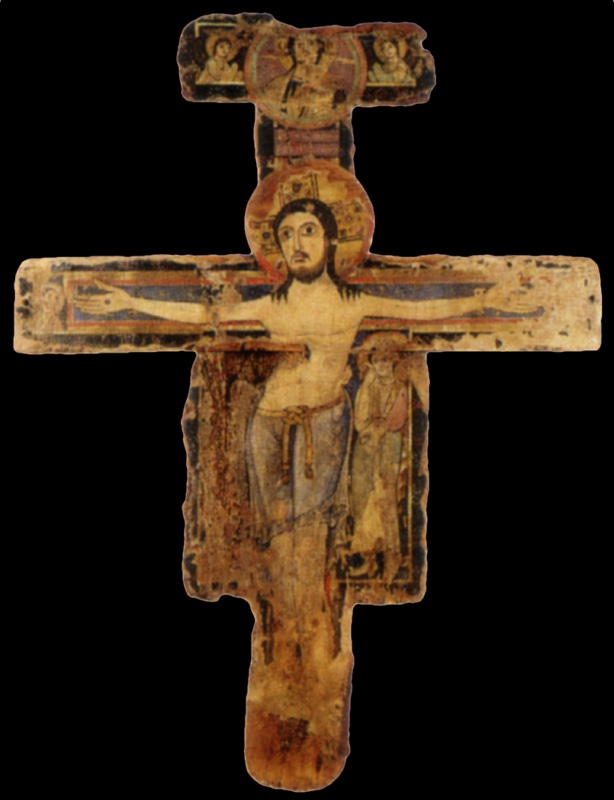 Twelfth-century painted cross from Sant'Antimo: living Christ with open eyes and cross-inscribed nimbus, knotted blue loincloth, Redeemer in a clipeus between angels above, Saint John at right; left panel and lower shaft largely lost
