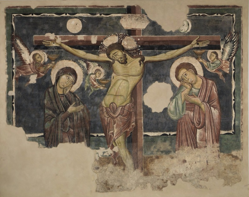 Fragmentary fresco of Christ on the cross between the mourning Virgin and Saint John, with three angels collecting his blood and the sun and moon above
