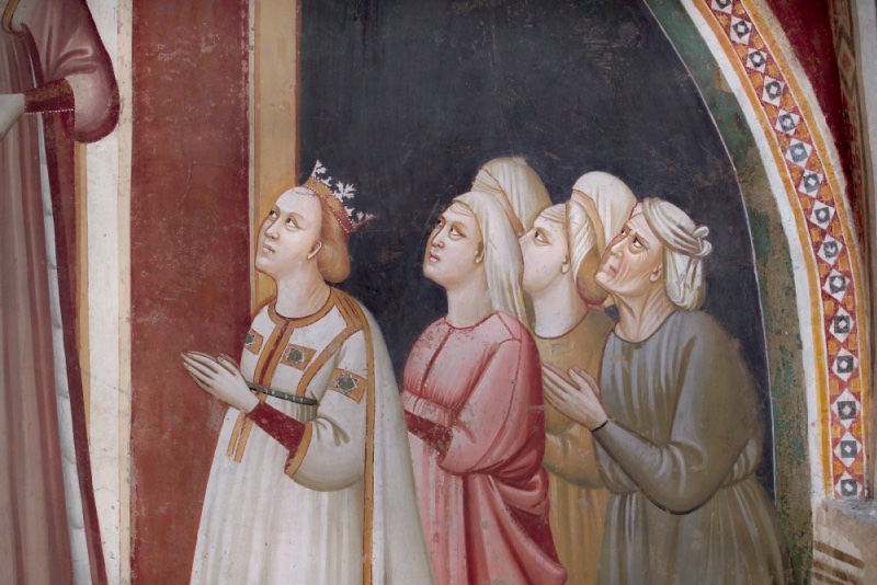Detail of a fourteenth-century fresco: four women in profile look up toward the left, praying. The first wears a gold fleur-de-lis crown and a white gown with jewelled bands; behind her stand a young woman in rose, an older woman in ochre, and an aged woman in grey-green with a deeply wrinkled face. At the left edge, red drapery and a pole with a knotted white cloth mark the object of their gaze, outside the frame.