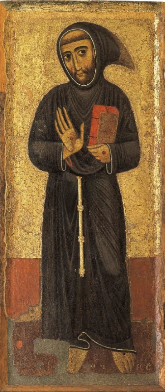 Margarito d'Arezzo, Saint Francis, Vatican City, Pinacoteca Vaticana: the saint stands frontally on a worn gold ground in a dark habit with a pointed cowl and knotted cord, raising his right hand to show the stigma and holding a red book, with losses in the lower part of the panel.