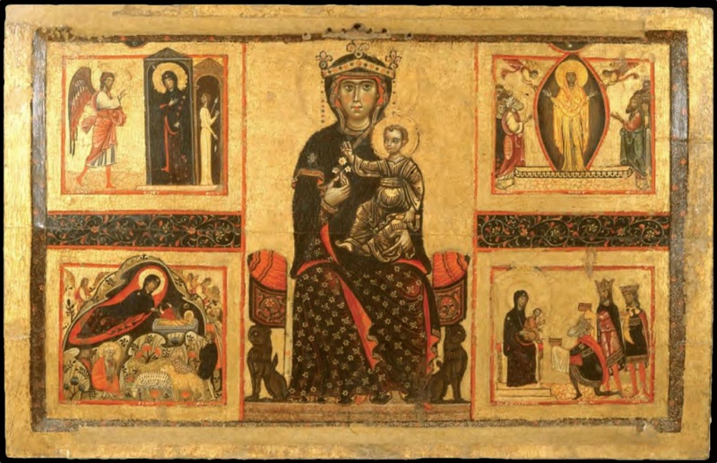 Margarito d'Arezzo and Restoro d'Arezzo, Madonna and Child with Four Scenes from the Life of the Virgin, Santa Maria delle Vertighe, Monte San Savino: the crowned Virgin holds the Child on a lion-guarded throne, flanked by the Annunciation, Nativity, Adoration of the Magi and Assumption on a gold ground.