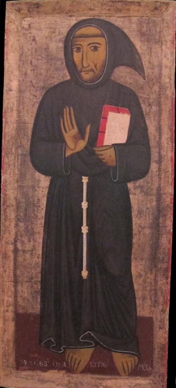 Margarito d'Arezzo or workshop, Saint Francis from Ganghereto, Arezzo, Museo Nazionale d'Arte Medievale e Moderna: the saint stands frontally in a dark grey habit with a pointed cowl and knotted white cord, showing the stigma on his raised right hand and holding a red-bound book, with the signature along the base.