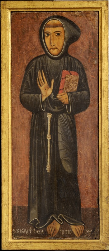 Margarito d'Arezzo, Saint Francis, c. 1250, Siena, Pinacoteca Nazionale: the saint stands frontally on a red ground in a dark habit with a knotted white cord, showing the stigmata on his hands and bare feet and holding a red book with gold ornament, with the signature along the base.