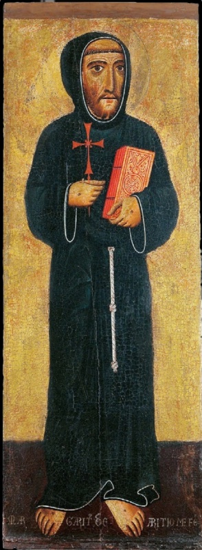 Margarito d'Arezzo, Saint Francis, Castiglion Fiorentino, Pinacoteca Comunale: the saint stands frontally on a gold ground in a dark habit with a knotted white cord, holding a small red cross in his right hand and a red book with gold ornament in his left, with stigmata on his hands and bare feet and the signature along the base.