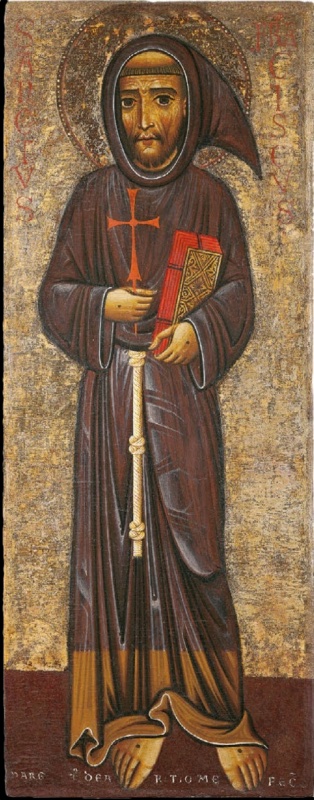 Margarito d'Arezzo, Saint Francis, Montepulciano, Museo Civico: the saint stands frontally on a silvery ground in a brown habit with a pointed cowl and knotted white cord, holding a red cross and a decorated book, with stigmata on his hands and feet, his name inscribed in red beside the head and the signature along the base.