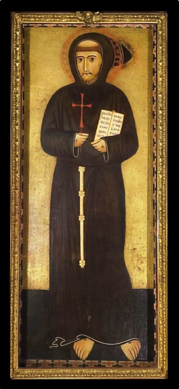 Saint Francis attributed to Margarito d'Arezzo or a follower, Rome, San Francesco a Ripa: the saint stands frontally on a gold ground in a dark brown habit with a pointed cowl and knotted cord, holding a red cross and an open book inscribed with the Gospel words Qui vult venire post me, with stigmata on his hands and feet, in a gilded Baroque frame.