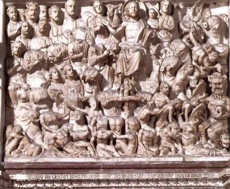 Densely packed marble relief: Christ enthroned at the upper centre with one hand raised, surrounded by tiered ranks of clothed figures to the left and a tumult of nude bodies seized by demons to the right, with figures rising from the ground along the bottom edge; a band of incised Latin lettering runs beneath the panel.
